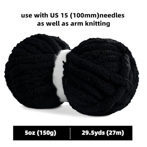 MABOZOO 8 Pack Super Bulky Chunky Chenille Yarn for Hand Knitting,Big Yarn for Chunky Blanket,Large Thick Arm Knitting Yarn,Fluffy Soft Plush Jumbo Yarn Crocheting,Black - color: Black