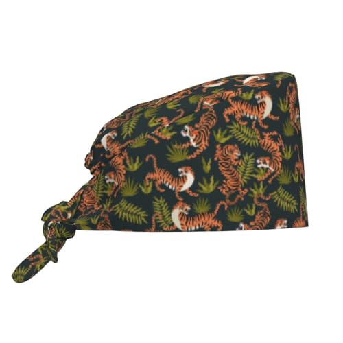 MOLIAN Dental Tooth Adjustable Working Cap Surgical Headgear for Women Men | Adjustable Tie Back Scrub Caps with Button Built-in Sweatband Working Cap for Nurses Doctors and Workers - color: Bengal Tigers and Leaves