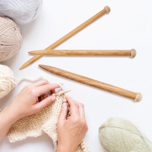 Pocoxll 6 Pcs Large Wooden Knitting Needles, 3 Sizes Straight Single Pointed Sweater Knitting Needles for Beginners(Brown)