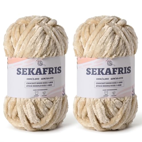 Chenille Velvet Soft Yarn Beige 2 Pack | 200g/98.4yds Fuzzy Chunky Chenille Yarn for Crocheting Plush Yarn for Hand Knitting Amigurumi Fluffy Yarn - color: 2 Beige