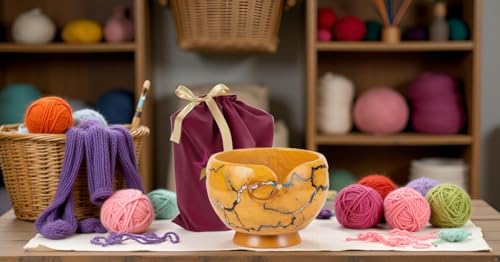 Wooden Yarn Bowl for Crocheting, 7x4inch Large Yellow Teak Crochet Holder Gift Accessories and Knitting Gadgets Supplies Handcrafted with Fractal Wood Burning & Blue,White,Black Resin Inlay (H-Multi) - color: H-Multi