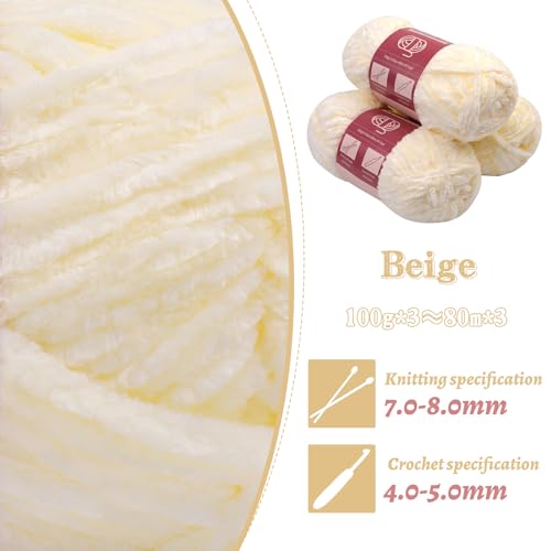 LUNARM Chenille Yarn 3 Pack 3.5oz Chunky Blanket Velvet Yarn 263 Yard | Beige Chunky Chenille Yarn for Beginners Crocheting Hand Knitting Scarves with Big Eye Needles Machine Washable - color: Beige