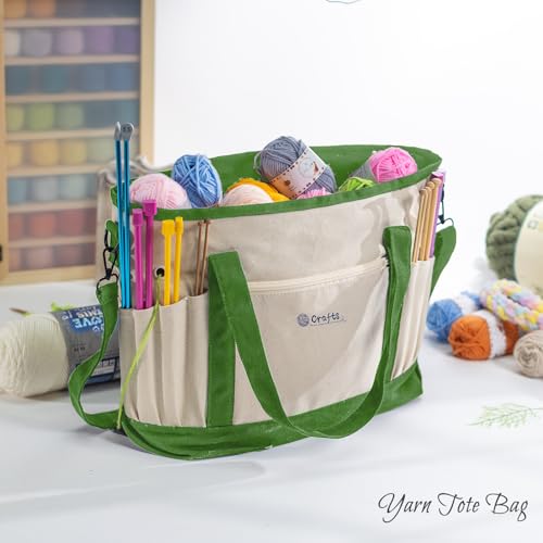Canvas Yarn Storage Organizer Bag Washable Crochet Bag with Pockets for Yarn, Hooks, Needles – Travel Knitting Tote for Crafters – Gift for Crocheters & Knitters (Medium/Large) - color: Lime, size: Large-15”