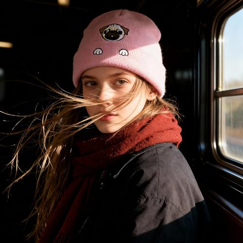 Personality Animal Head Embroidery Knit Beanie Hat for Adult and Big Kids Winter Warm Skull Cuffed Hats - color: Dog 2-pink