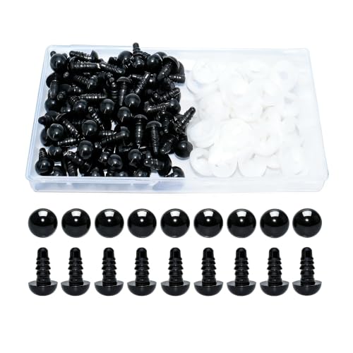 ARTCXC 100pcs 9mm Solid Black Safety Eyes for DIY Crochet Amigurumi | Plastic Craft Eyes with Washers for Crocheting of Puppet Bear Stuffed Animals Dolls DIY Projects.100pcs Eyes + 100pcs Washers - size: 9mm