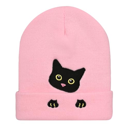 Personality Animal Head Embroidery Knit Beanie Hat for Adult and Big Kids Winter Warm Skull Cuffed Hats - color: Cat-pink
