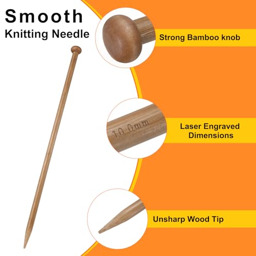HARFINGTON 10mm Bamboo Knitting Needle Straight Single Pointed 13.8 Inch Long Wooden Sweater Knitting Needles US Size 15 for Yarn Beginners Hand Sock DIY - size: 10mm US Size 15