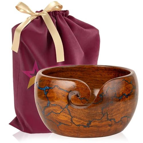 Wooden Yarn Bowl for Crocheting, 7x4 inch Large Rosewood Crochet Holder Gift Accessories and Knitting Gadgets Supplies Handcrafted with Fractal Wood Burning & Blue Resin Inlay ( Blue 7x4 ) - color: Blue