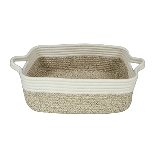 XUANGUO Medium Woven Cotton Rope Storage Basket with Handles | Small decorative rectangle storage bin for baby nursery items and cat toys; ideal as an empty gift basket or dog toy basket - color: white and brown