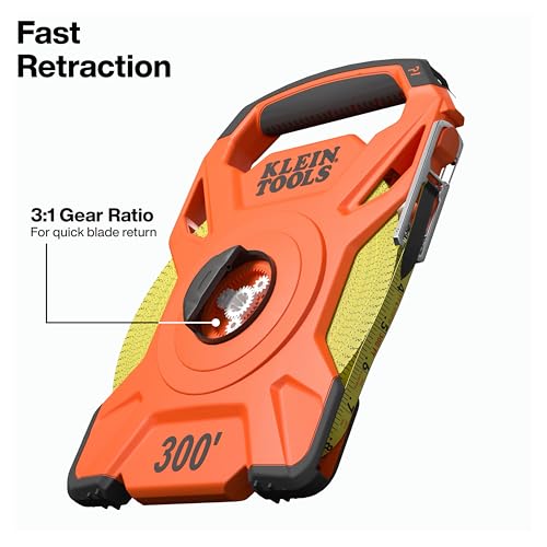 Klein Tools 94300RT 300-Foot Open Reel Tape Measure, PVC-Coated Fiberglass Tape with Carabiner and Hook, 3:1 Planetary Gear System, Metal Stake, Double-Sided Measurements - size: 300-Foot