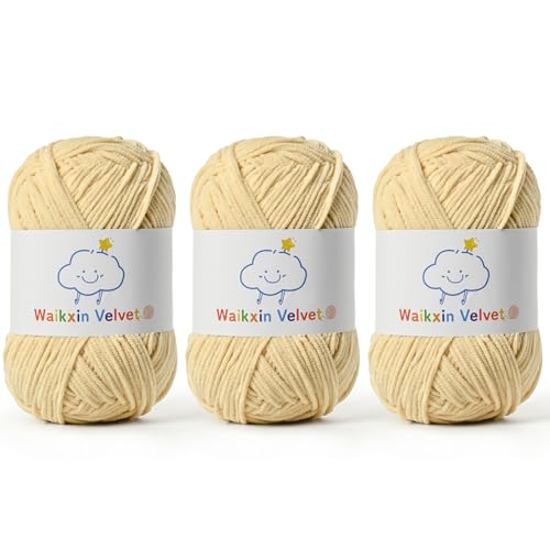 3 Pack Fluffy Chenille Yarn for Crocheting，Baby Yarn for Crocheting Soft，150g/5.28oz Velvet Amigurumi Yarn ，Fingering Weight Yarns for Crocheting Baby Blankets、DIY Craft.(3 Light Khaki) - color: 3 Light Khaki