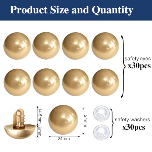 Thalinfayi 24mm Large Safety Eyes Craft Eyes for Amigurumi Crocheting | 60pcs Plastic Safety Eyes and Washers for DIY Crafts Amigurumi Stuffed Animals Handmade Projects. Tool-Free Installation - color: Gold