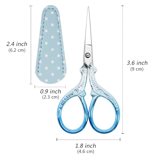 Small Sewing Scissors 3.6Inch Scissors with Leather Scissor Cover | Embroidery Scissors Stainless Steel Sharp Dressmaker Shears Scissor for Needlework DIY Craft Thread Cutting Multi Purpose - color: Silver Blue