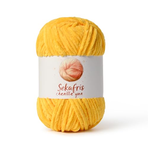 Chenille Yarn for Crocheting, Size 5 Bulky,Golden Yellow | 100g/131yds Soft Chunky Velvet Yarn for Crochet and Knitting,Fluffy Baby Yarn for Amigurumi,Blankets and DIY Crafts. - color: Golden Yellow