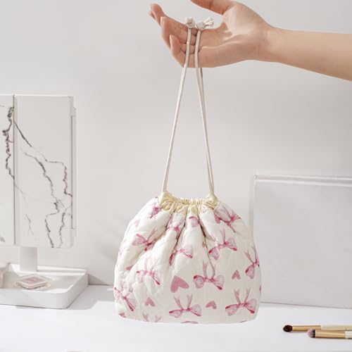 uekeboag Cotton Quilted Drawstring Makeup Bag（14Heart Bow） | Small ,Canvas Lining, Foldable Coquette Aesthetic Cute Travel Toiletry Bag,Drawstring Gift Bag for Women and Girls - color: 14Heart Bow