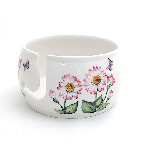 Daisy Ceramic yarn bowl, pink daisies LennyMud by Lorrie Veasey
