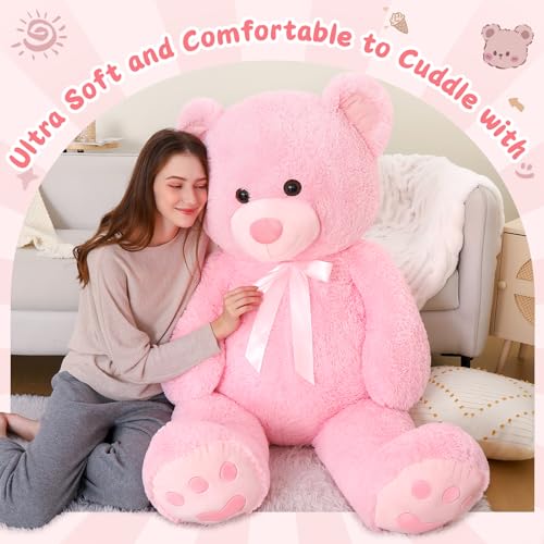 MorisMos 5ft Giant Teddy Bear Stuffed Animal, Large Stuffed Bear with Footprints, Big Pink Teddy Bear Plush Gifts for Wife, Girlfriend, Women on Valentine, Christmas, Birthday - color: Pink, size: 5 ft