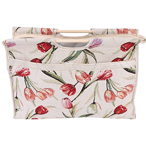 Knitting Tote Bag,Exquisite Practical Wood Handle Woven Fabric Storage Bag for Knitting Needles Sewing Tools(Red Flower) - color: Red Flower
