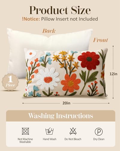 Embroidered Lumbar Pillow Cover 20x12 Inch, Flower Cluster | Decorative Throw Pillow Cover, Floral Farmhouse Cushion Case with Hidden Zipper, Home Decor for Couch, Sofa, Living Room - color: Flower Cluster, size: 20" x 12" (Pack of 1)