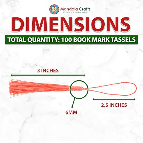 Mandala Crafts 100 Coral Silky Bookmark Tassels with Loops for Crafts | Machine Washable, Polyester Mini Craft Tassels for Jewelry Making, Graduation Decorations, Keychains, Gift Tags & Ornaments - color: Coral, size: 5.5 Inches