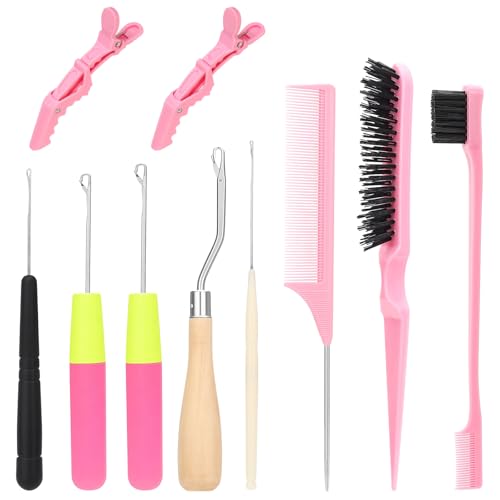 10Pcs Crochet Hooks for Hair Set for Passion Twist Crochet Hair Extensions | with 5 Crochet Needles, Edge Brush, Bristle Brush, Rat Tail Comb, 2 Gator Clips,Latch Hook