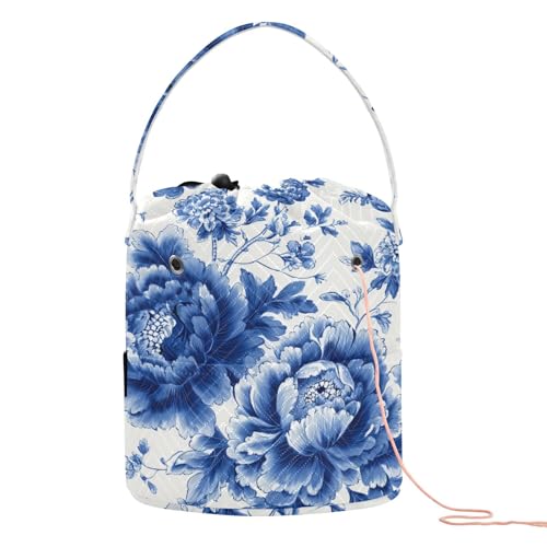 Blue White Peony Flower Butterfly Yarn Bag Small Crochet Bag Drawstring Yarn Storage Organizer Knitting Project Bags Potable Crochet Holder with Holes Handle Crocheting Needles Knitting - color: Blue and White Peony Flowers Leaf