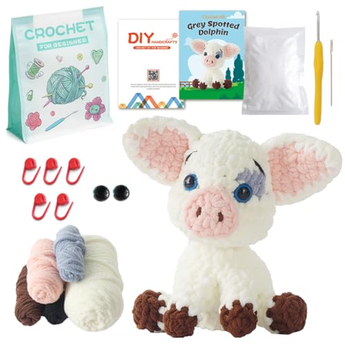 Linhao Jew Crochet Kit for Beginners – Knitting Kits Cute Animal Kitten Keychain with Pre-Started Easy Yarn, Step-by-Step Video Tutorials for Adults DIY Crafts (Pig) - color: pig