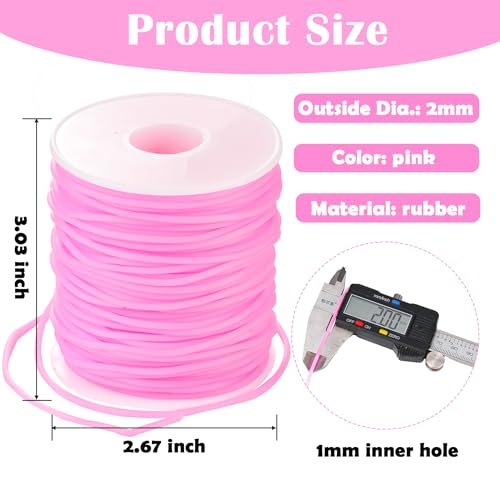 Rubber Tubing Knitting Barber Cords Pink, 54 Yards, 2mm Dia with 1mm Hole | Stitch Keeping Cords for Knitting Projects Hollow Pipe Rubber Tube Cord with 1mm Hole for Jewelry Making - color: Pink