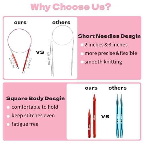 Hobekoee Short Interchangeable Knitting Needles Set | 9 Pairs Square Circular Knitting Needles with Case ,Cubic Metal Knitting Needle,3.5mm-8.0mm - color: Red