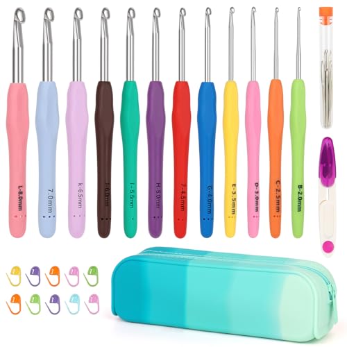 Coopay Crochet Hooks Set with Case, 12 Size Crochet Needles for Crocheting | Smooth & Ergonomic Extra Long Croche Hook for Beginner Adult Arthritic Hands,2mm(B)-8mm(L),Great DIY Craft Christmas Gift - color: Ergonomic Metal Set With Case