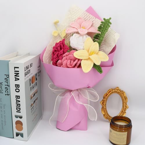 Handmade Crochet Flower Bouquet, Crochet Flowers, Knitted Flowers | Mixed Flowers, Crochet Bouquet, Artificial Flower Crochet Rose Tulip for Lover, Friend,family, Wedding Anniversary - color: Pink