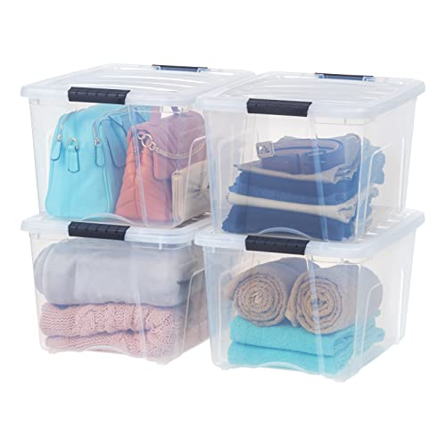 IRIS USA 4 Pack Clear Plastic Storage Bins with Latching Lids, 40 Qt | Transparent design makes contents easy to find. Perfect for moving, blankets, clothing, and garage storage. Nestable design - color: Clear, size: 40 Qt, style: 4 Pack