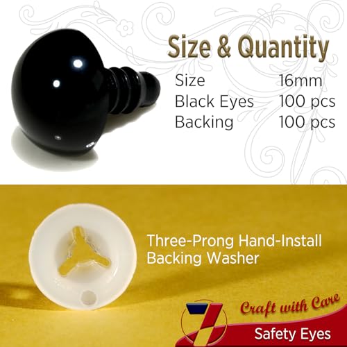 SEVENSUN 16mm Safety Eyes for Crocheting, 200pcs Black Crochet Eyes for Crochet Animals, amigurumi Eyes for Crafts, Craft Doll Eyes for amigurumi Stuffed Animals Eyes - size: 16mm