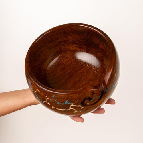 Wooden Yarn Bowl Knitting & Crochet Yarn Holder | Handcrafted Crochet Bowl with Fractal Wood Burning & Blue Resin Inlay (Blue Large 7x7x4) (Multi) - color: Multi