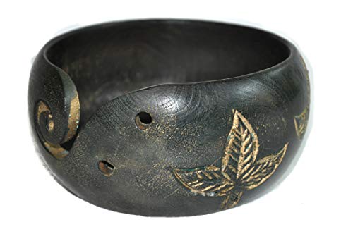 Premium Solid Dark Handmade Crafted Wooden Portable Antique Yarn Storage Bowl - Holder for Knitting Crochet Hook Accessories (6" x 6" x 3", Brass Green) - color: Brass Green, size: 6" x 6" x 3"