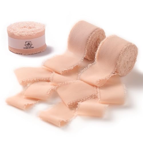 DORIS HOME Handmade Frayed Fringe Chiffon Ribbon 1" x 21Yd Nude Pink | Fabric Ribbon, For Flower Bouquet/Gift Wrapping/Wedding Invitations/Party Decorations - color: Nude Pink