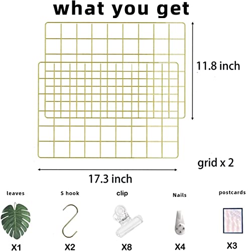 Grid Wire Board,for Memo Picture Panel Wall Decoration | for Room Office Mat Photo Hanging Art Display Frames Desk Storage Organizer,17.3" x 11.8"(2Pack) (Gold)