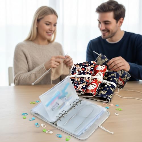 Knitting Needle Case, needle storage case with Detachable 6 Hole PVC Binder Pocket for Knittings Yarn Craft Tool Storage knitting needles organizer - color: black flower