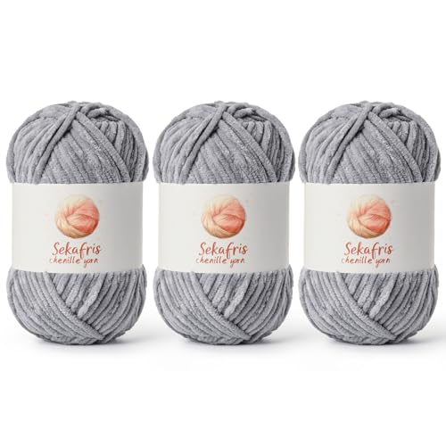 Chenille Yarn for Crocheting, Size 5 Bulky,3 Grayish | 300g/393yds Soft Chunky Velvet Yarn for Crochet and Knitting,Fluffy Baby Yarn for Amigurumi,Blankets and DIY Crafts. - color: 3 Grayish