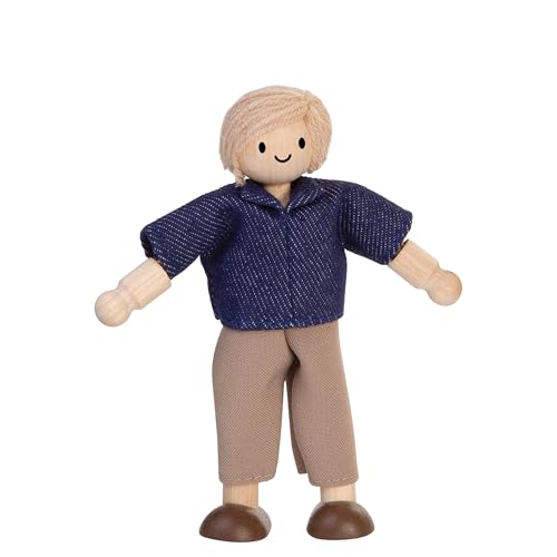 PlanToys® Mother Dollhouse Figurine Wooden Poseable 1:12 Scale 5-Inch Doll | mom character, doll house people accessories, bendable arms, girls pretend play, montessori storytelling role gift ages 3+ - color: Caucasian Dad
