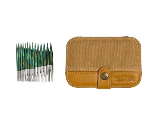 Knit Picks x DellaQ Short Interchangeable Knitting Needles Set with Case | 7 sizes of green 2.75 inch long knitting needles, US 4-10, includes Mustard Canvas and Faux Leather Buddy case - color: Mustard and Short Caspian Needles