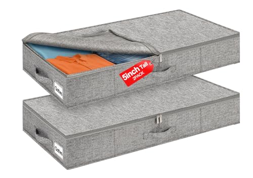 5-In Low Profile Under Bed Storage, Rigid Structure, 2 Pack, Gray | 5" Tall Design, Rigid Sides & Bottom, Reinforced Handles, Foldable Organizer, Limited Clearance, Couches, Cribs, Dorm Beds - color: Gray-Rigid-2pcs, size: 5 Inch