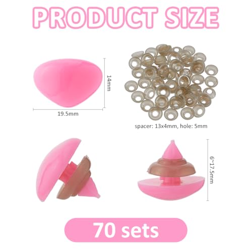 SUPERFINDINGS 70 Sets Pink Safety Noses Craft Plastic Triangle Nose with Washers Stuffed Animals Noses for Rabbit Doll Bear Plush Animal Puppet Crafts Supplies, Width:19.5mm