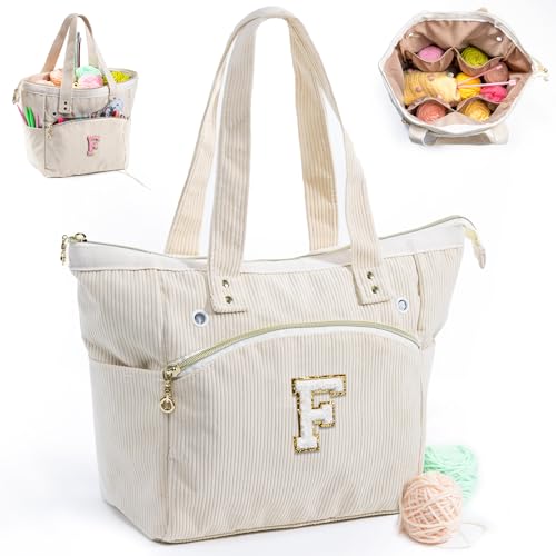 Initial Personalized Crochet Tote - Corduroy Yarn Storage - Holder for Crochet Hooks, Accessories, Project Bag - size: F