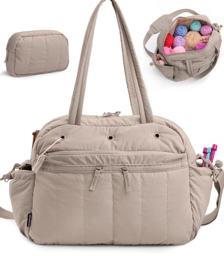 MYBAGZING Stylish Crochet Bag Organizer with Crochet Hook Case, Large Capacity Yarn Bag for Crocheting on the Go, Soft Quilted Crochet Tote with 7 Compartments, Knitting Project Carry-On Travel Gift - color: Grey