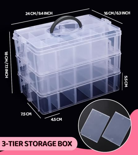 Praisebank 3-Layer Stackable Storage Container Box, 30 Dividers Compartments, Perfect for Storage Jewelry & Arts & Crafts & Sewing. (Clear) - color: Clear