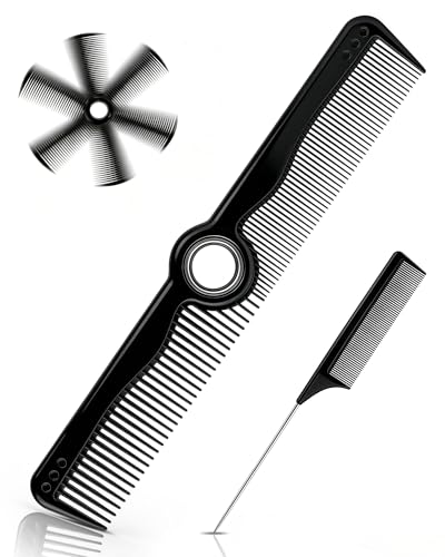 Rotatable Hair Comb, 8" Fine & Wide Tooth Comb with Bonus 9" Rat Tail Comb | Professional Hair Comb for Men Women, Carbon Fiber + ABS, Rounded Teeth, Heat Resistant for Hair Stylists, Barbers - color: Black