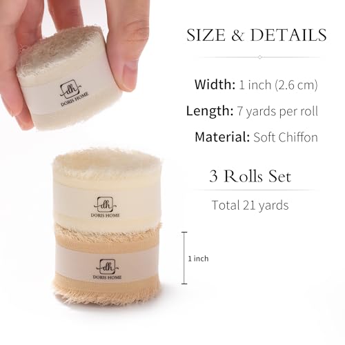 DORIS HOME Handmade Frayed Fringe Chiffon Ribbon 1" x 21Yd Nude & Ivory | Fabric Ribbon, For Flower Bouquet/Gift Wrapping/Wedding Invitations/Party Decorations - color: Nude and Ivory