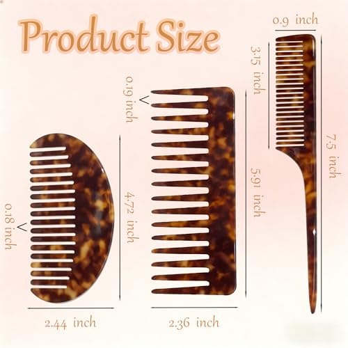 3PCS Wide Tooth Combs & Rat Tail Combs for Women - Acetate Detangling Combs for Bangs, Long, Curly, Thick, Thin, Wet and Dry Hair - Tortoise Shell Fine Tooth Hair Parting Comb for Braiding & Styling - color: Chestnut