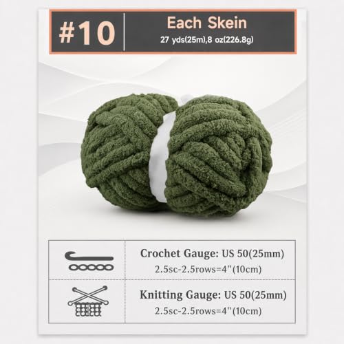 8 Pack Chunky Chenille Yarn for Hand Knitting, Glow in The Dark, Green | 8-pack jumbo chenille yarn with 1 glow-in-the-dark skein! Ultra-soft, fast to hand knit & perfect for DIY cozy gifts - color: Olive Green